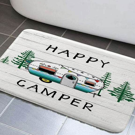 Happy Camper Bathroom Rugs, Retro Rustic Wood Neutral Color for Travel Trailer Bathroom Accessory Set Kitchen Rug Camping Motor RV Bath Mat, Non Slip Bathtub Rug, 17X29inch