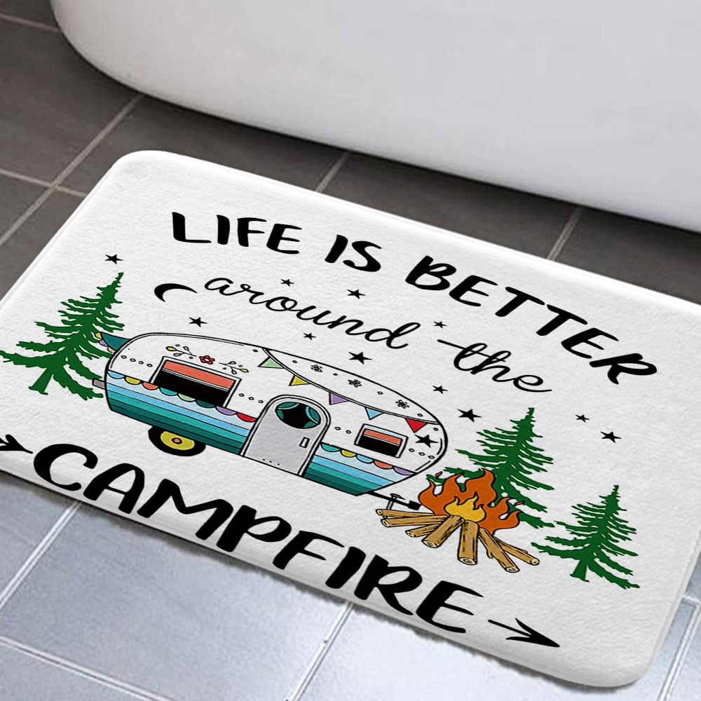 Happy Camper Bathroom Rugs, Retro Rustic Wood Bathroom Rugs Set Neutral ...