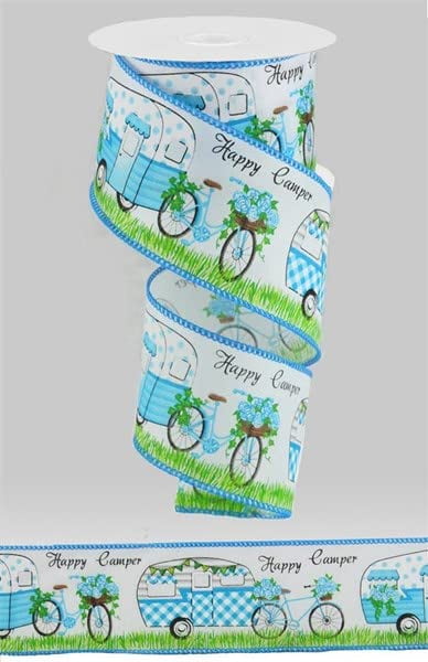 Happy Camper Bicycle on Royal Wired Edge Ribbon - 10 Yards (White, Blue, Green 2.5")