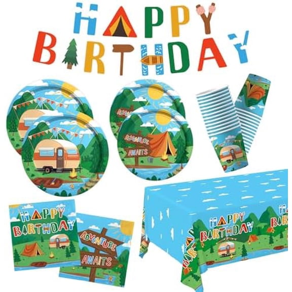 Happy Camper Birthday & Camping Party Decorations Set - Serves 25 with Disposable Plates, Cups, Napkins, Tablecloth & Banner, 1st Birthday, Camping Themed Events & Wedding Parties