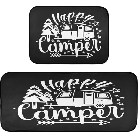 Happy Camper Black Kitchen Mats Kitchen Rugs Runner Laundry Rug Non Slip Floor Door Mats Soft Doormats Carpet Home Decor Set of 2