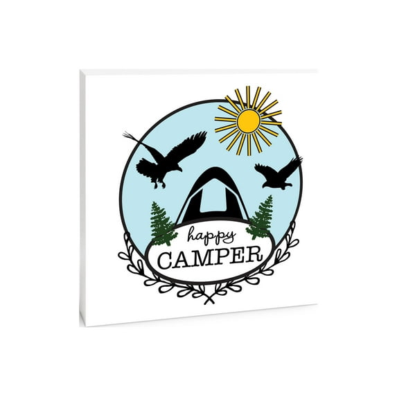 Happy Camper Blue Tent Sun 10 x 10 Wood Tabletop Sign Plaque