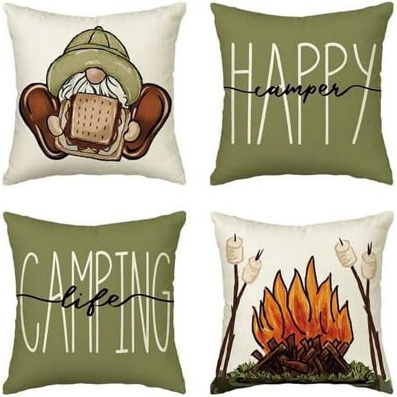Happy Camper Camping Life Throw Pillow Covers 18x18 Set of 4, Gnome S''More Campfire Decoration for Sofa Couch