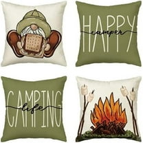 Happy Camper Camping Life Throw Pillow Covers 18x18 Set of 4, Gnome S''More Campfire Decoration for Sofa Couch