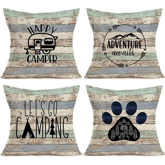 Happy Camper Camping Pillow Covers Rustic Wood Home Outdoor Decorative Cotton Linen Adventure Awaits Inspirational Words Throw Pillow Case Cushion Cover 18" x 18" Set of 4