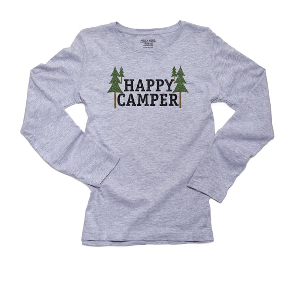 Happy Camper - Cool Large Print with Park Trees Women's Long Sleeve Grey T-Shirt