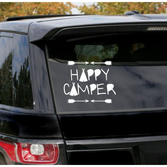 Happy Camper Decal RV Camping Letters Quote Car Truck Window Sticker Art 7.5x6-Inch Glossy White