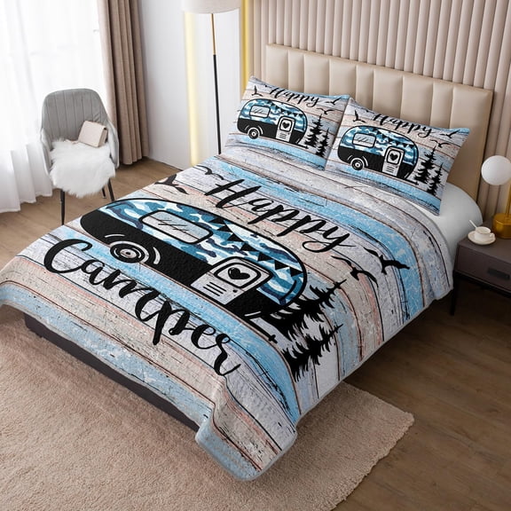 Happy Camper Decor Quilt King Size,Camouflage Camping Quilt for Adults Room Decor,Camper Accessories for Travel Trailers Camping Themed Bedding with 2 Pillowcases