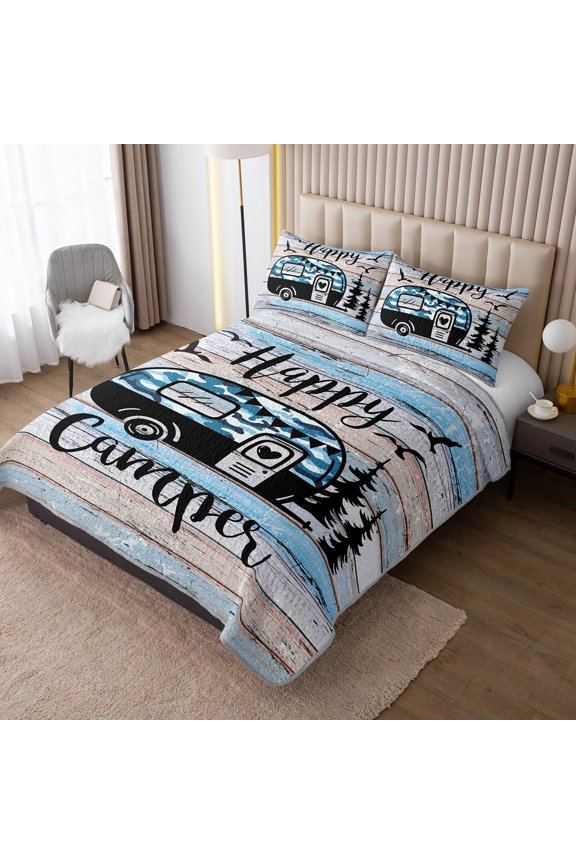 Happy Camper Decor Quilt King Size,Camouflage Camping Quilt for Adults Room Decor,Camper Accessories for Travel Trailers Camping Themed Bedding with 2 Pillowcases