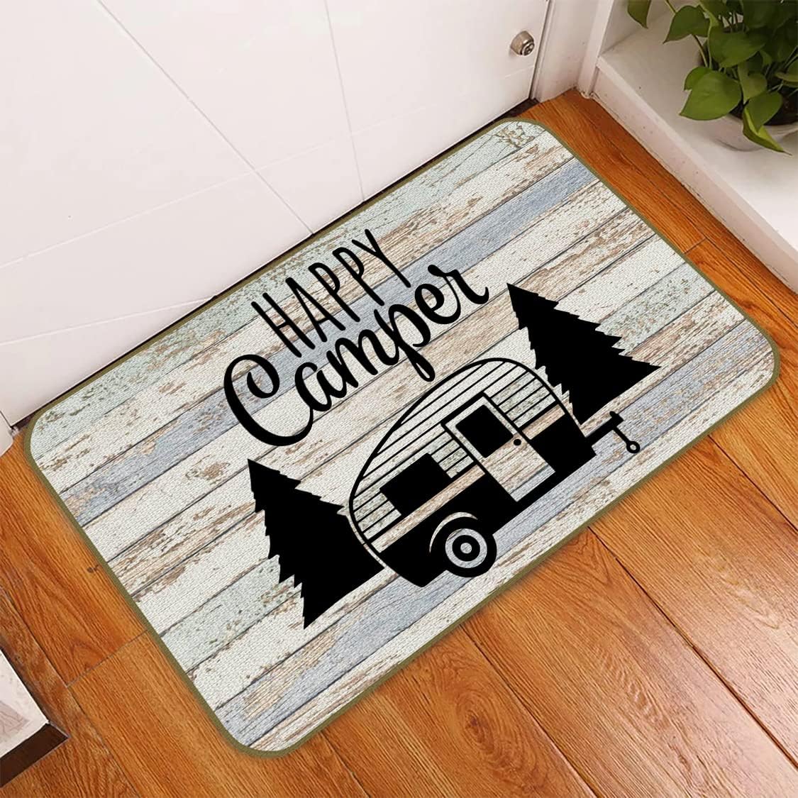 Happy Camper Decorative Doormat,Vintage Camping Floor Mats,Farmhouse