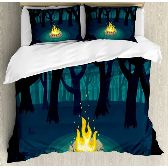 Happy Camper Duvet Cover Set King Size, Cartoon Illustration of Lonely Campfire in Woods at Night, Decorative 3 Piece Bedding Set with 2 Pillow Shams, Dark Violet Blue Teal Mustard, by Ambesonne