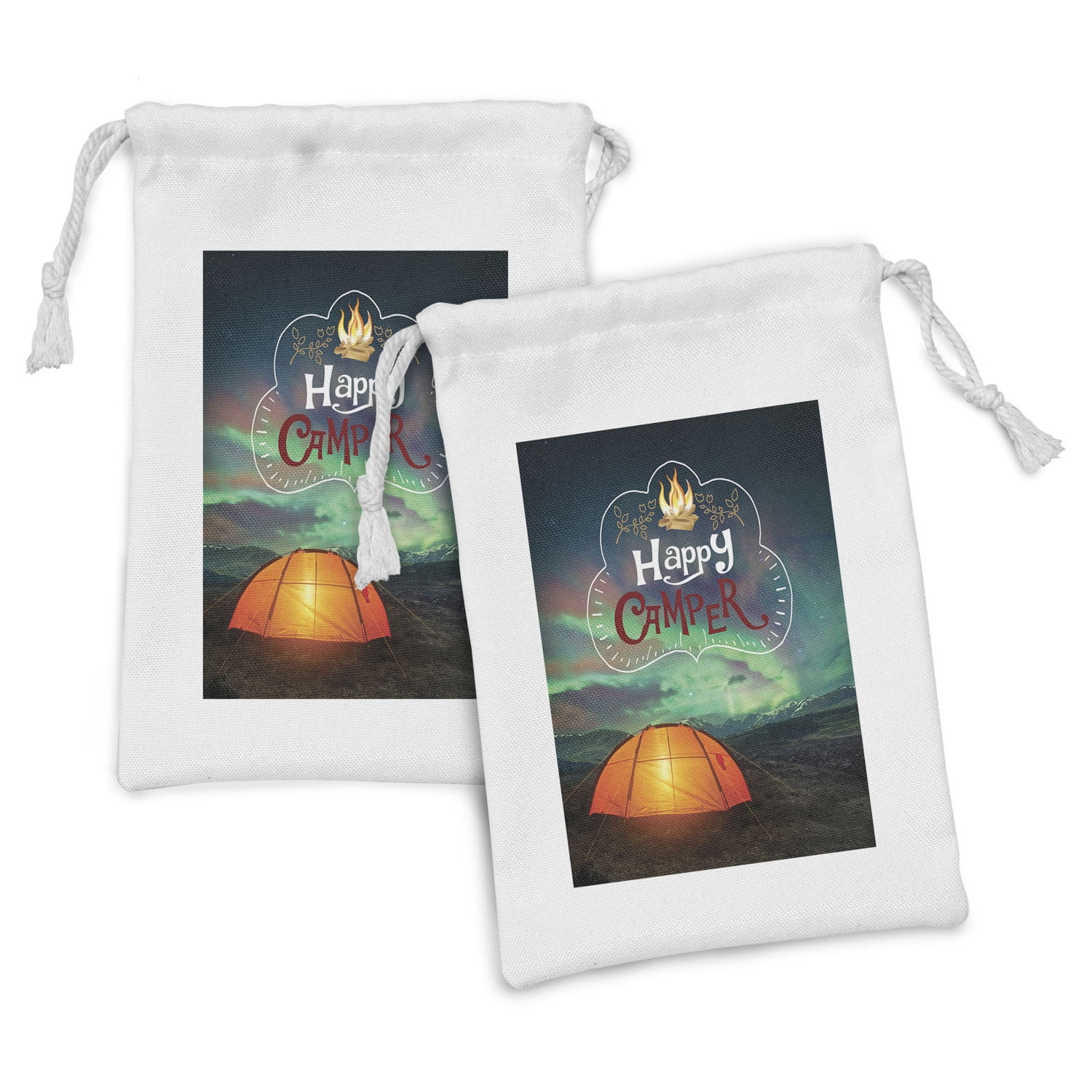 Happy Camper Fabric Pouch Set of 2, Aurora Borealis Night Sky and Tent ...