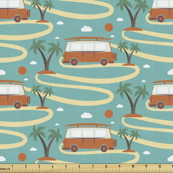 Happy Camper Fabric by the Yard Upholstery, Pattern of Sun Palms and Van on Road Summer Travel Holiday Theme, Decorative Fabric for DIY and Home Accents, 10 Yards, Seafoam and Multicolor by Ambesonne