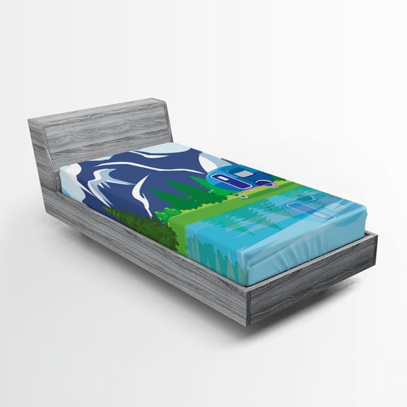 Happy Camper Fitted Sheet, Outdoor Activity with Lake Mountain Forest and Trailer Summer Holiday Design, Decorative Soft Bedding All-round Elastic Pocket, Twin Size, Multicolor, by Ambesonne