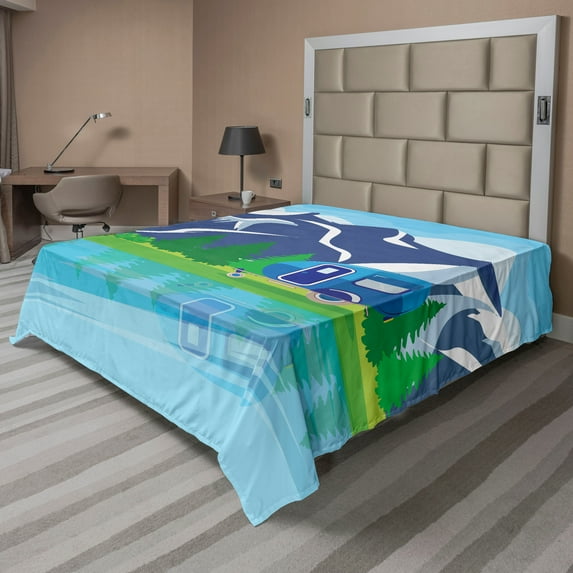 Ambesonne Camper Flat Sheet, Cartoon Lake Landscape, California King, Multicolor