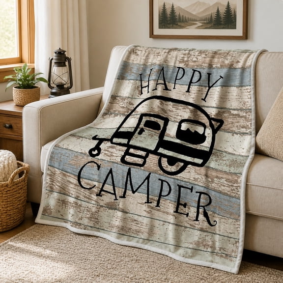 Happy Camper Fleece Blanket, Rustic RV Camping Throw