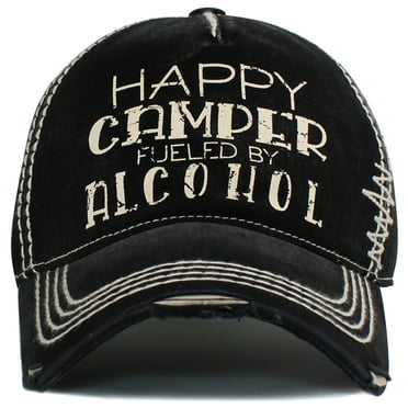 Happy Camper Fueled By Alcohol Vintage Distressed Washed Baseball Cap Hat Mens Womens Unisex