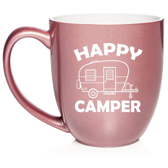 Happy Camper, Gift For Camper, Camping Gift, RV Gift, Gift For RV Owner Ceramic Coffee Mug Tea Cup Gift for Her, Him, Friend, Coworker, Wife, Husband (16oz Rose Gold)