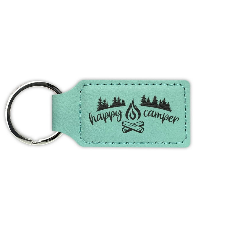 Happy Camper Keychain Leatherette Rectangle Laser Engraved Many Colors Key Chain Ring camp camping hiking hike rv trailer outdoors explore
