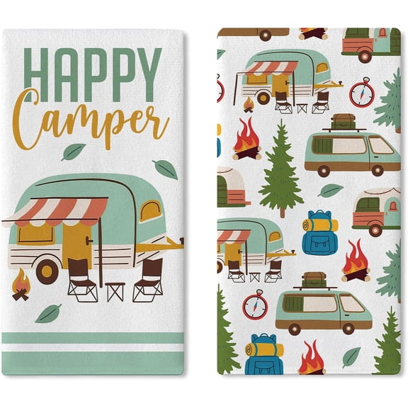 Happy Camper Kitchen Dish Towels Set of 2, Camping RV Adventure Travel Drying Hand Towel Baking Cooking Cloth, Campsite Campfire Tree Bathroom Home Decoration 18'' x 26''