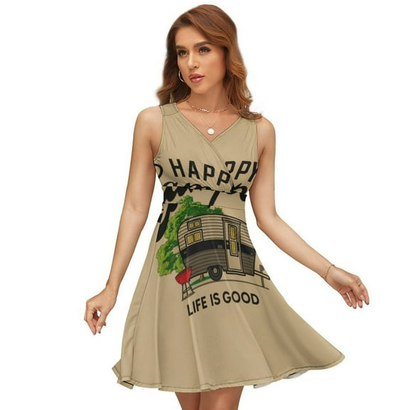 Happy Camper Life Is Good Dress Summer Street Style Dresses Female Sleeveless Printed Sundress