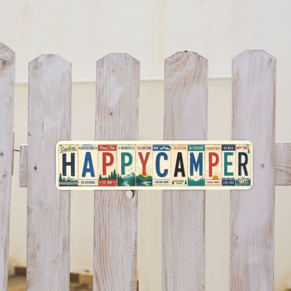 Happy Camper Metal Tin Sign For RV And Camping Wall Decor 4x16 Inch
