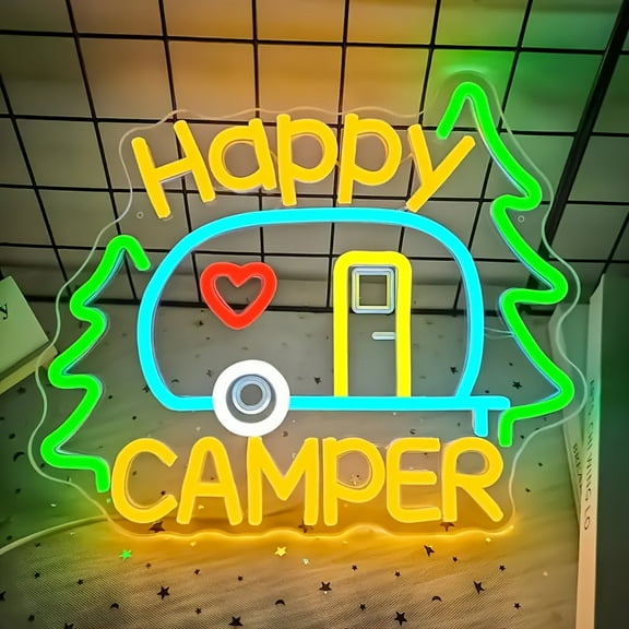 Happy Camper Neon Sign - USB-Powered LED Wall Decor With RV & Camping Elements, Multi-Color Lighting Display For Campsites, Gifts, And Camping Enthusiasts, Perfect For RVs And Camping Sites