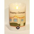 thumbnail image 1 of "Happy Camper" (Olive Green) Moving Flame LED Candle - White Wax - Indoor - 3.5" x 5" - Blow "OFF" / Blow "OFF" - Remote Enabled, 1 of 7
