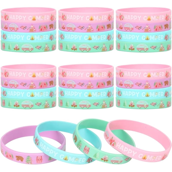 Happy Camper Party Favors Bracelet, 24pcs Camping Birthday Decorations Silicone Bracelets Pink Forest Tent Campfire Bonfire Woodland Theme Birthday Party Gift Bracelets for Girls
