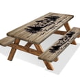 thumbnail image 1 of Happy Camper Picnic Table Cover with Bench Covers,Retro Wooden Board RV Forest Mountain Party Decor,Elastic Fitted Tablecloths for 5 Ft Rectangle Tables and Seats,with Drawstring Bag(30x60 Inches), 1 of 4