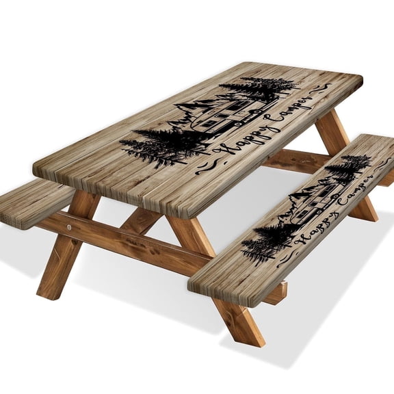 Happy Camper Picnic Table Cover with Bench Covers,Retro Wooden Board RV Forest Mountain Party Decor,Elastic Fitted Tablecloths for 6 Ft Rectangle Tables and Seats,with Drawstring Bag(30x72 Inches)