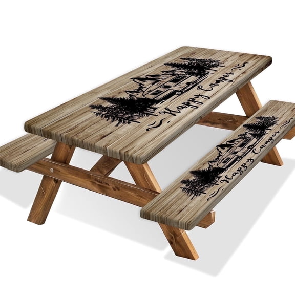 Happy Camper Picnic Table Cover with Bench Covers,Retro Wooden Board RV Forest Mountain Party Decor,Elastic Fitted Tablecloths for 8 Ft Rectangle Tables and Seats,with Drawstring Bag(30x96 Inches)