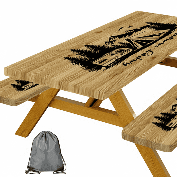 Happy Camper Picnic Table Cover with Bench Covers,Wood Grain Camping RV Themed Fitted Tablecloth for Rectangular Table, Outdoor Camping Table Protector with Drawstring Storage Bag, 72x30 Inch