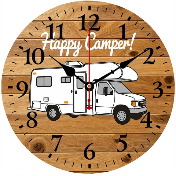 Happy Camper RV Wall Clock, 9.84 Inch Rustic Wood Look Round Analog Clock, Motorhome Travel Trailer Camping Decor for Living Room, Bedroom, Kitchen and Office