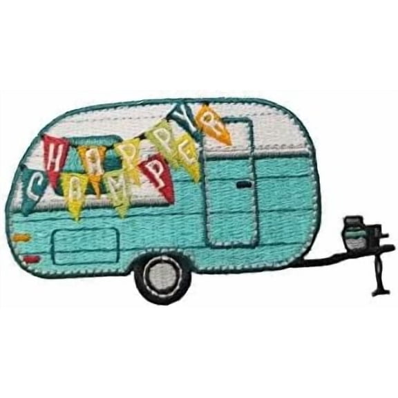 Happy Camper - Recreation/Camping - Vintage Travel Trailer - Forest/Woods - Embroidered Iron on Patch