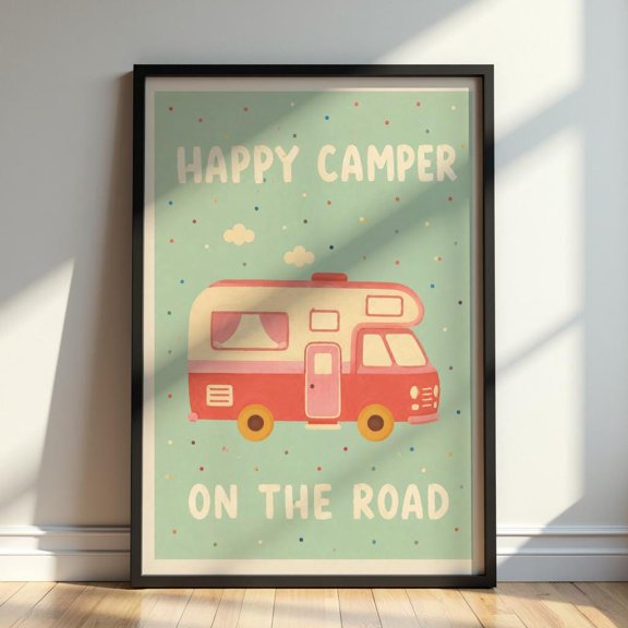 Happy Camper Retro Camper Van Wall Art Vintage Nursery Print Adventure Room Decor Illustration Mint Green And Cream Tones
