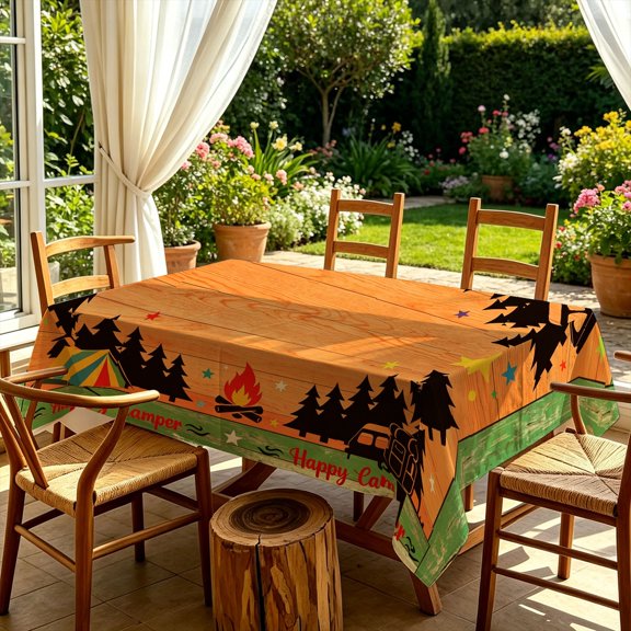 Happy Camper Retro Camping Campfire RV Woodland 2D Print Tablecloth, Pattern Table Cover for Kitchen Dining Outdoor Patio Garden Camping Parties, Perfect Christmas Gift