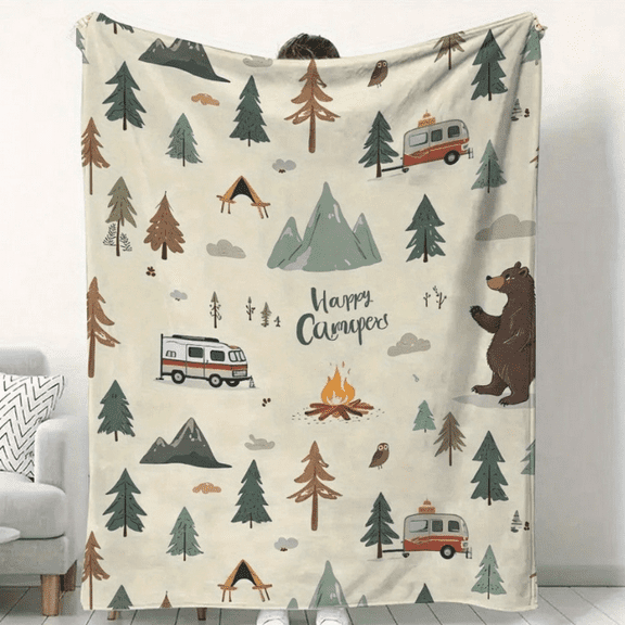 Happy Camper Retro Trailer with Pine Trees and Mountains Pattern in Earth Tones - Soft Flannel All Season Indoor and Outdoor Throw Blanket for Bed, Sofa, Camping Trips(60*80IN)
