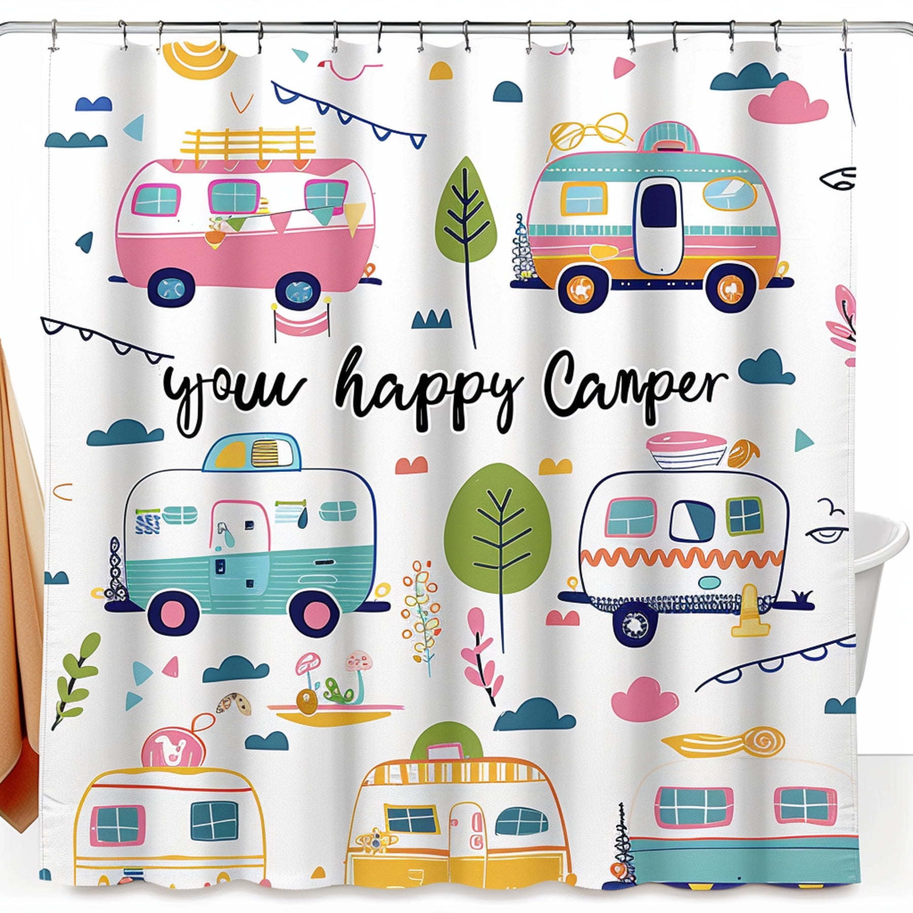 Happy Camper Shower Curtain Colorful Cartoon Design Cute Patterns