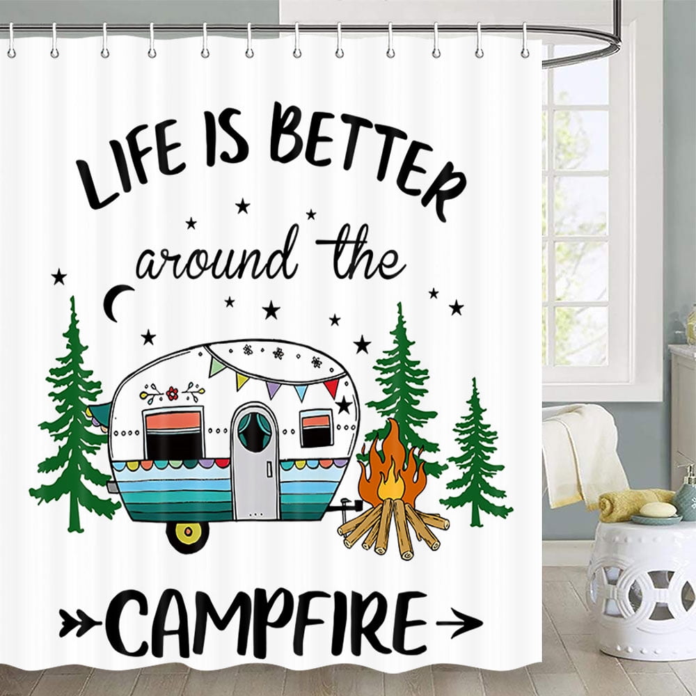 Happy Camper Shower Curtain Retro Rustic Wood Neutral Color For Travel