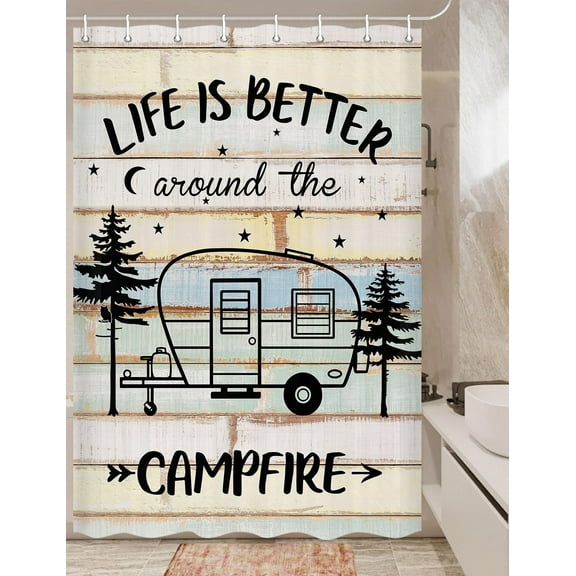 Happy Camper Shower Curtain Retro Rustic Wood Neutral Color For Travel Trailer Camping Theme Motor RV Bathroom Stall Shower Curtain Set, Small Size Waterproof Fabric Shower Cutain, Hooks Include 47x64