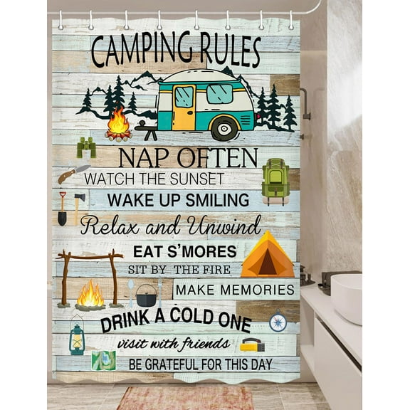 Happy Camper Shower Curtain Retro Rustic Wood Neutral Color For Travel Trailer Camping Theme Motor RV Bathroom Stall Shower Curtain Set, Small Size Waterproof Fabric Shower Cutain, Hooks Include 47x64