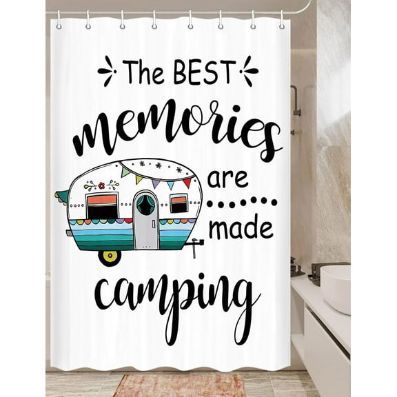 Happy Camper Shower Curtain Retro Rustic Wood Neutral Color For Travel Trailer Camping Theme Motor RV Bathroom Stall Shower Curtain Set, Small Size Waterproof Fabric Shower Cutain, Hooks Include 47x64