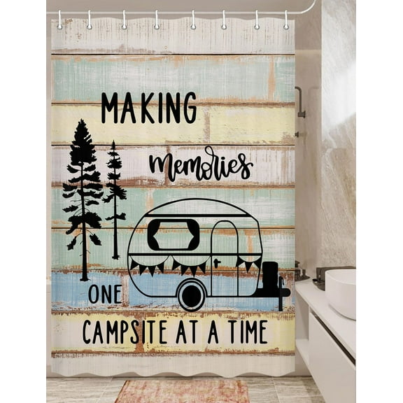 Happy Camper Shower Curtain Retro Rustic Wood Neutral Color For Travel Trailer Camping Theme Motor RV Bathroom Stall Shower Curtain Set, Small Size Waterproof Fabric Shower Cutain, Hooks Include 47x64