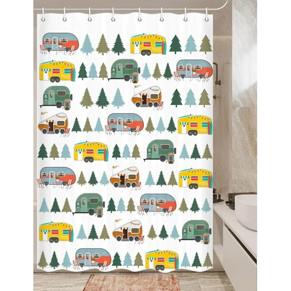 Happy Camper Shower Curtain Retro Rustic Wood Neutral Color For Travel Trailer Camping Theme Motor RV Bathroom Stall Shower Curtain Set, Small Size Fabric Shower Cutain, Hooks Include 47x64 inch