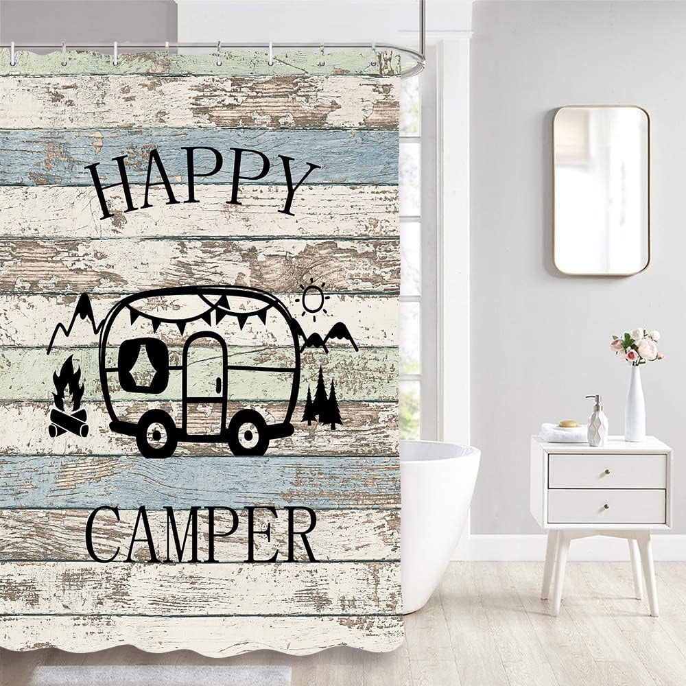 Happy Camper Shower Curtain, Rustic Farmhouse Barn Wood Country Camping Fabric Shower Curtains ...