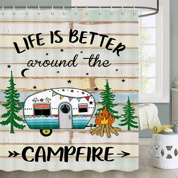 Happy Camper Shower Curtain Rustic Wood Neutral Color For Travel Trailer Camping Theme Motor RV Bathroom Stall Shower Curtain Set, Small Size Waterproof Fabric Shower Cutain, Hooks Include 70X70
