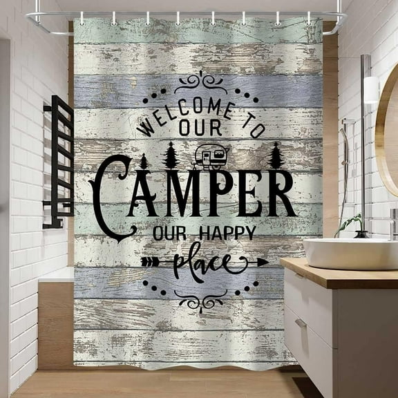 Happy Camper Shower Curtain, Rustic Wood RV Travel Trailer Camping Theme Bath Curtains, Retro Small Narrow Size Waterproof Fabric Bathroom Accessories Cutain, Hooks Include 60x70