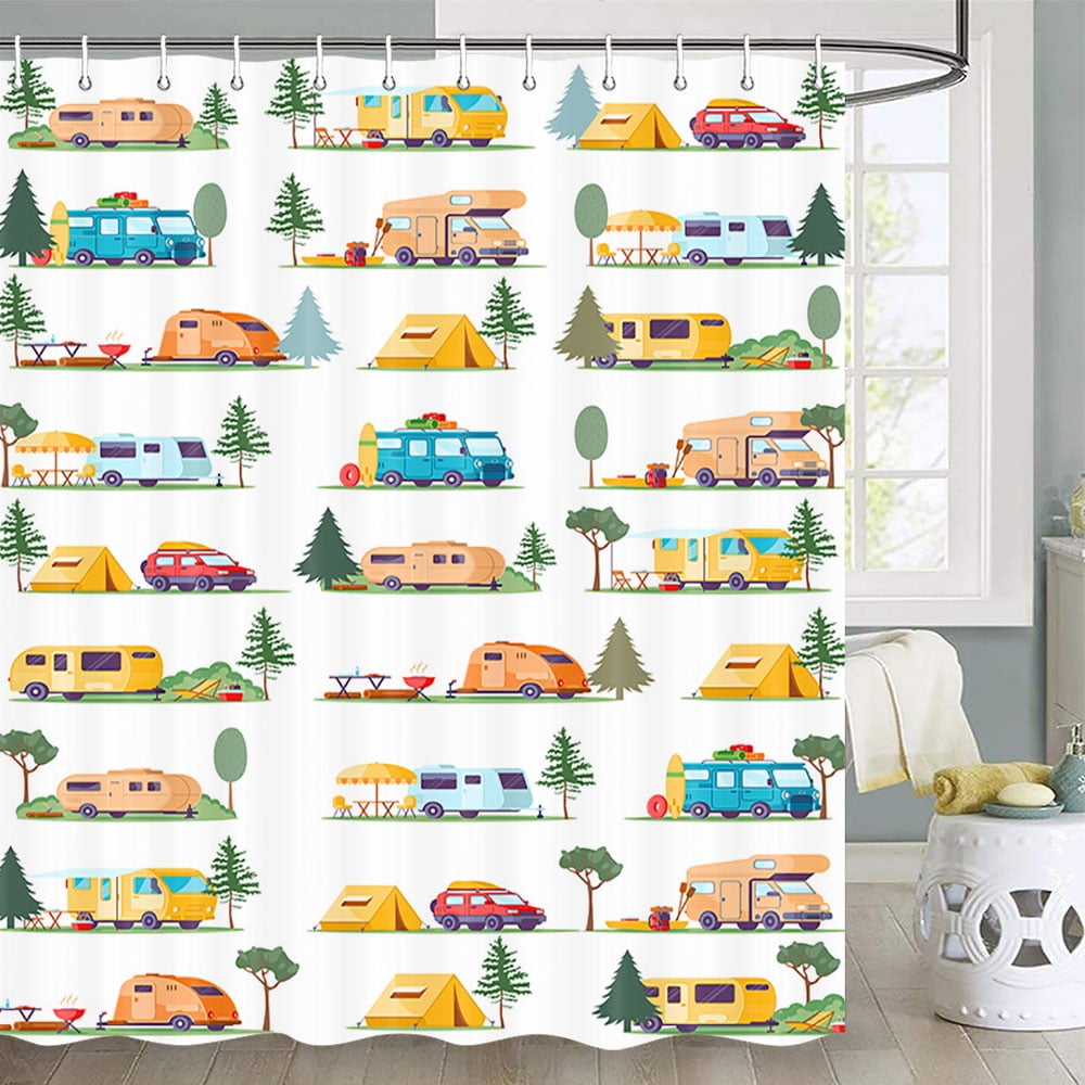 Happy Camper Shower Curtain Travel Trailer Camping Theme Motor RV ...