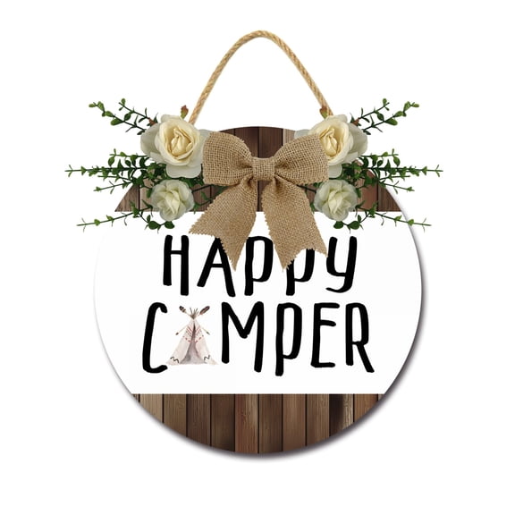 Happy Camper Sign Farmhouse Wood Sign Front Porch Decor Rustic Wooden Sign Wall Decor Hanging Wooden Decorations with Bow-Knot for Home Porch Wall Door, 12 x 12 Inch
